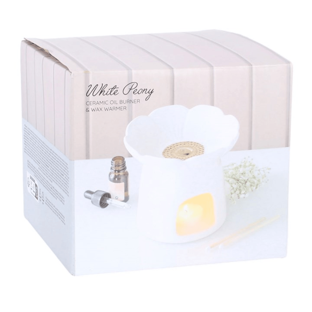 Peony Oil Burner and Wax Warmer packaging with flower design and essential oil bottles.