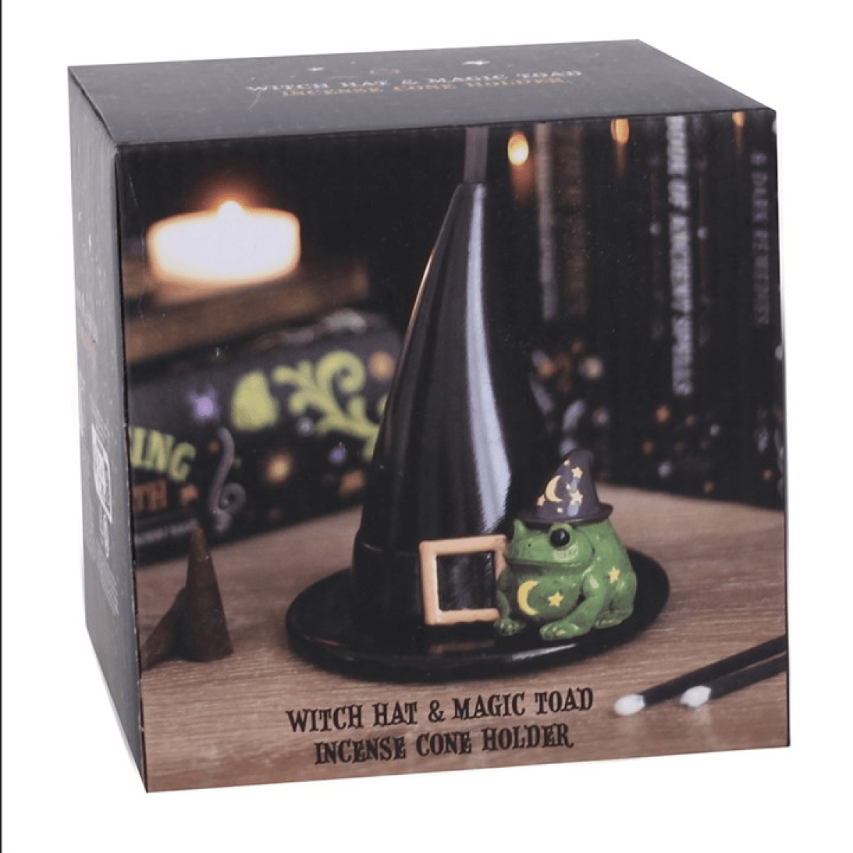 Magic Toad and Witch Hat Incense Cone Holder in decorative box, perfect for witchy decor and Halloween.