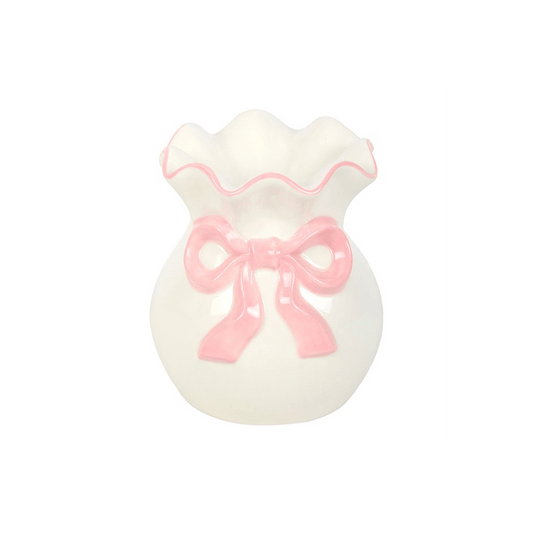 White and Pink Bow Oil Burner featuring a soft pink bow and ruffled top for coquette style decor.