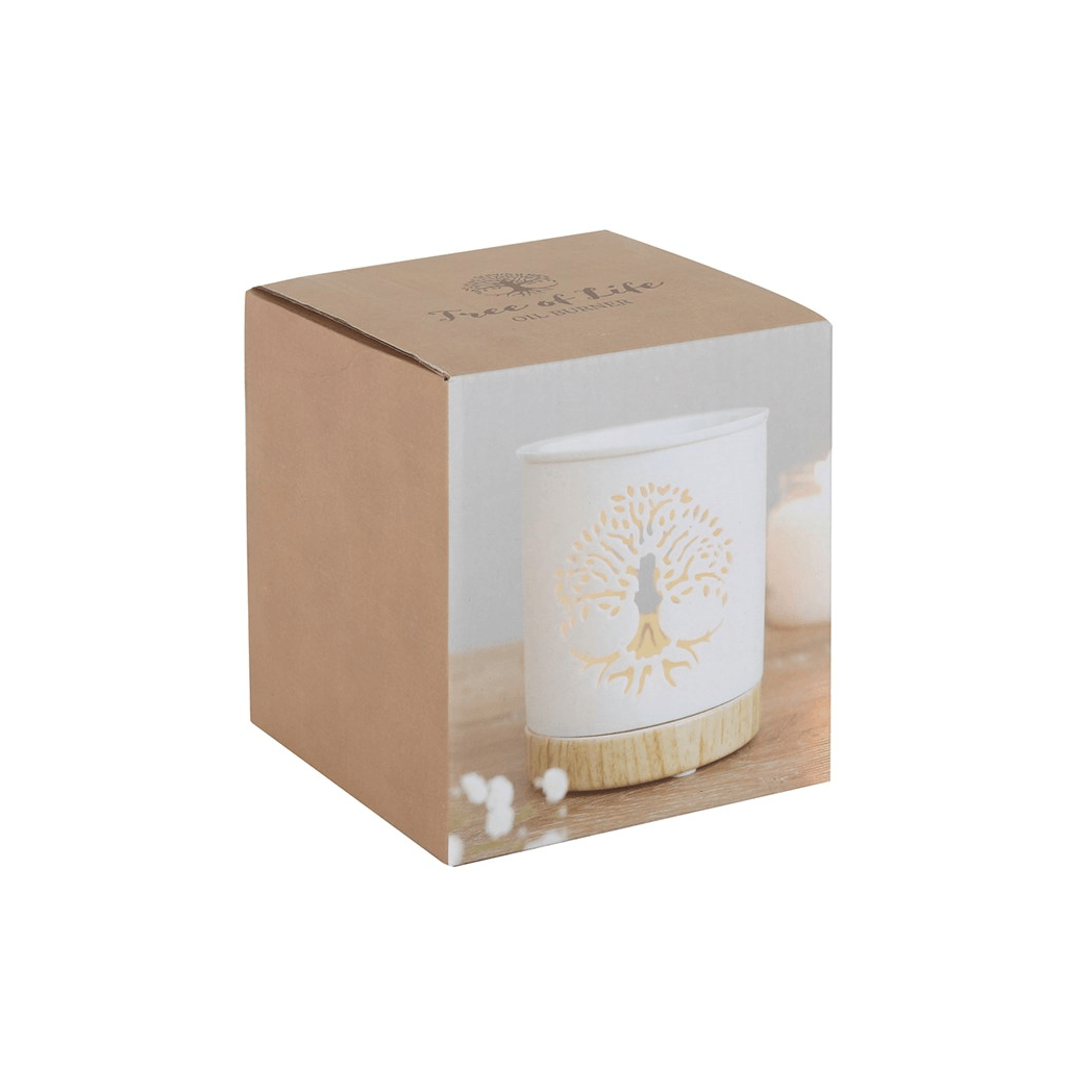 White Tree of Life Cut Out Oil Burner packaged in a decorative box with a wood-effect base.