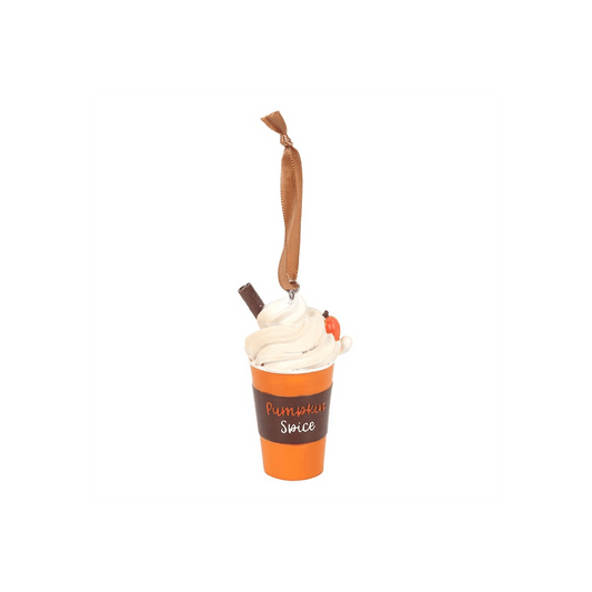 Hanging Ornament shaped like a pumpkin spice latte with whipped cream and a cinnamon stick.