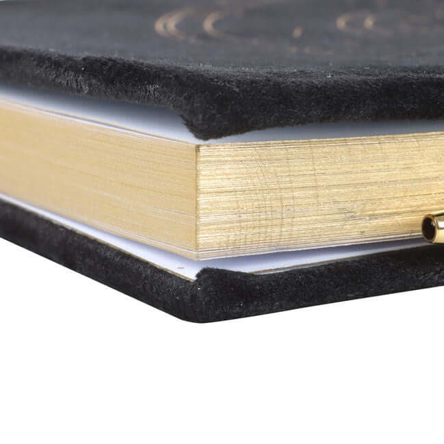 Close-up of a book with black cover and gold edges on a white background