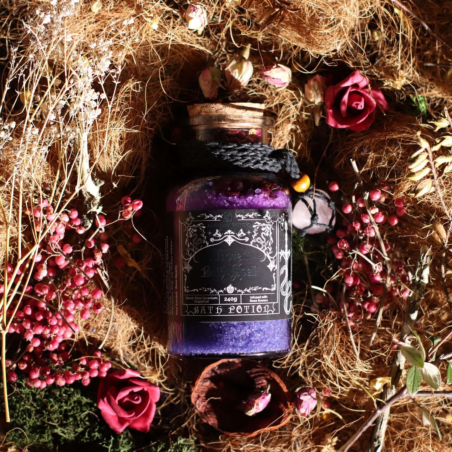 Ancient Witch Bath Spell Potion & Rose Quartz Crystal Amulet - Love