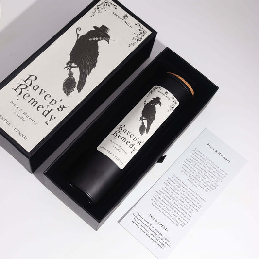 Ancient Witch Ritual Candles - Ravens' Remedy in elegant packaging for peace and harmony with lavender and fennel scent.