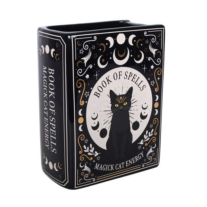 Black Cat Magick Book Shaped Flower Vase designed like a spell book with mystical cat and lunar motifs.