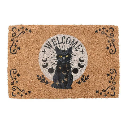 Black Magick Cat Energy Doormat featuring a welcoming black cat design and mystical details.