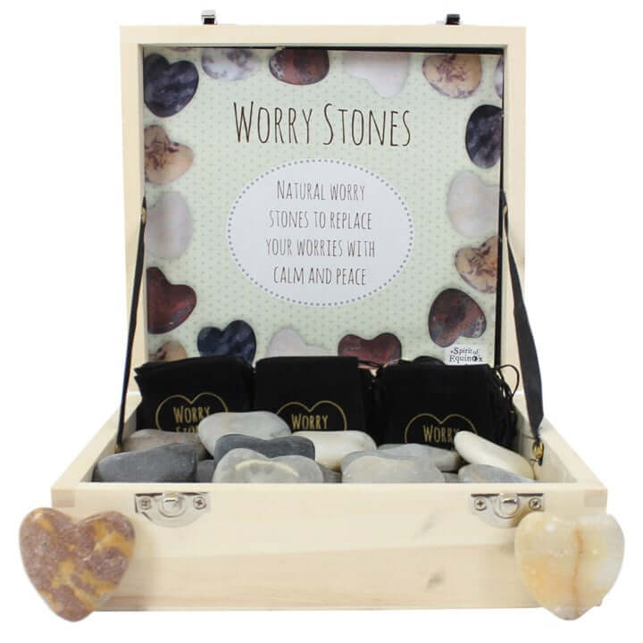 Box of 36 Heart Worry Stones with Carry Pouches – Wooden Display-Sociodigi