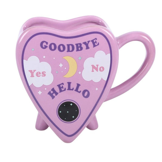 Ceramic mug in planchette shape with pastel design featuring goodbye, hello, yes, and no text.