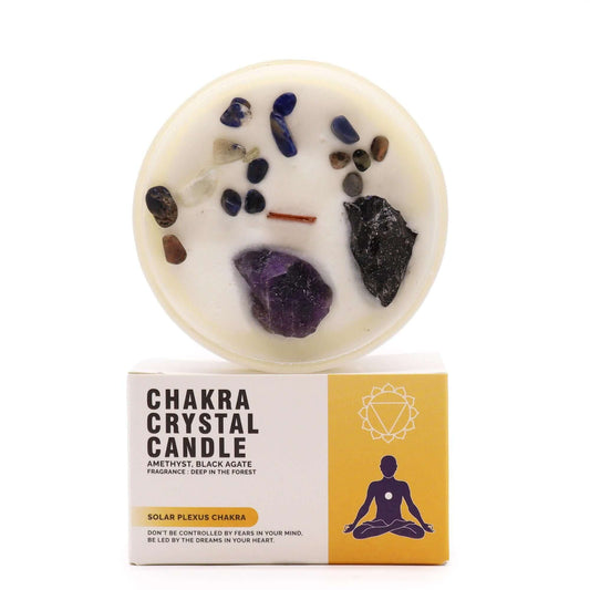 Chakra Crystal Candle for Solar Plexus Chakra with gemstones like Amethyst and Black Agate, symbolizing personal power.