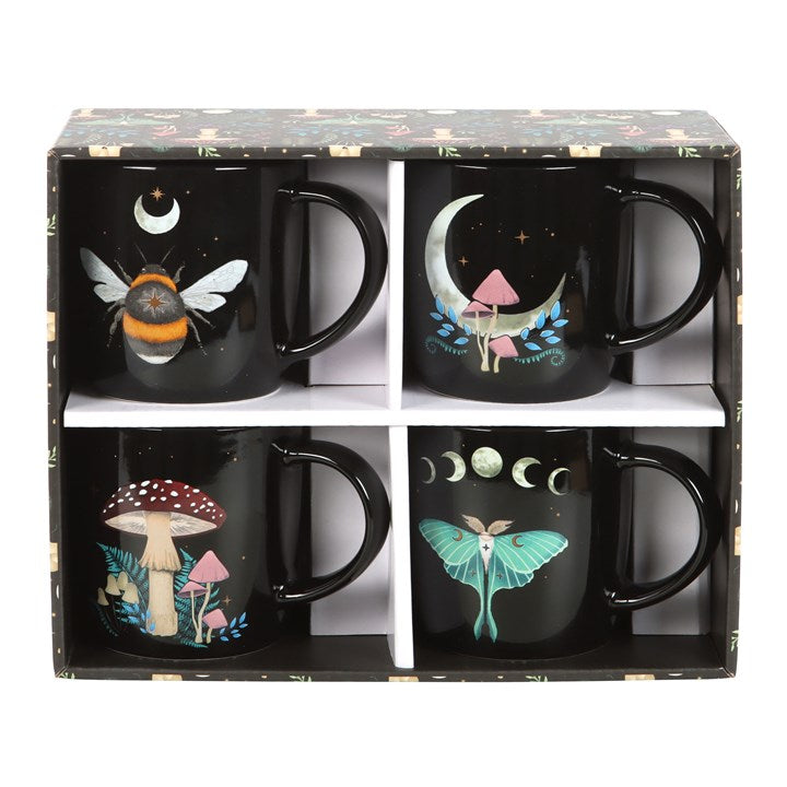 Set of 4 Dark Forest Mugs – Celestial & Woodland Designs, Gift Boxed-Sociodigi