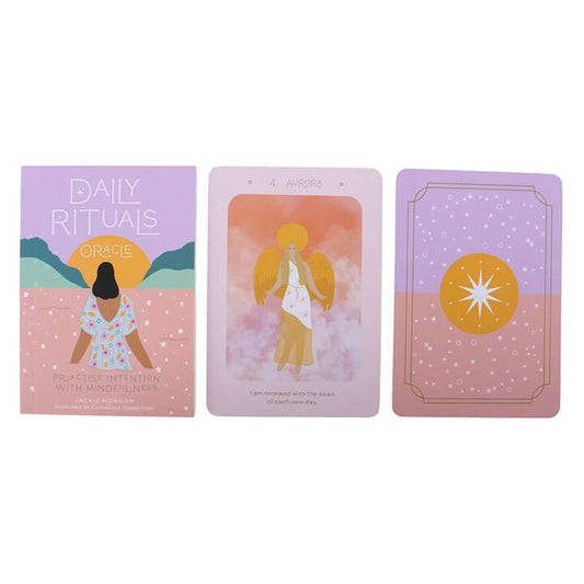 Daily Rituals Oracle Cards showcasing the deck and a card featuring a goddess for inspiring mindfulness.