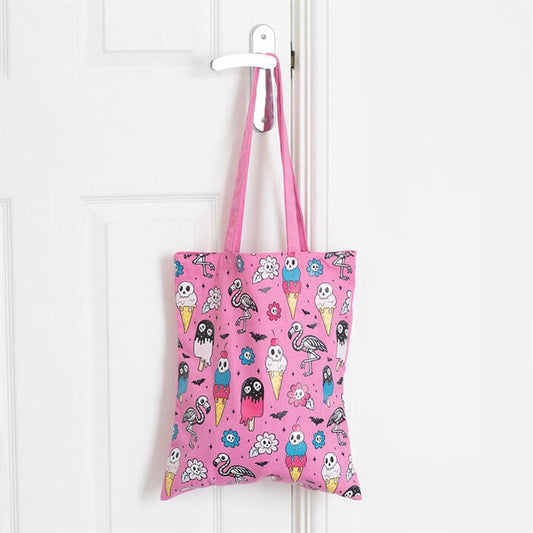 Dead Hot Days Print Tote Bag featuring a vibrant pink design with spooky and fun motifs, perfect for gothic flair.