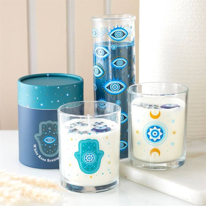 Under Watchful Eyes White Rose Candle with Crystals N/A