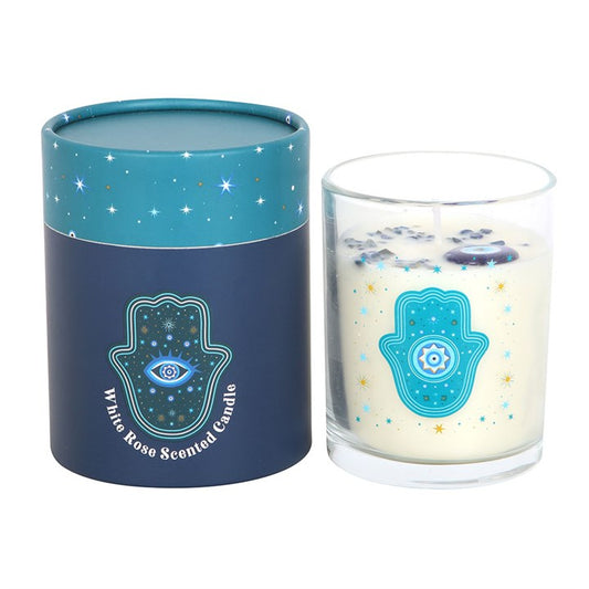 Hand of Hamsa White Rose Candle with Crystals N/A