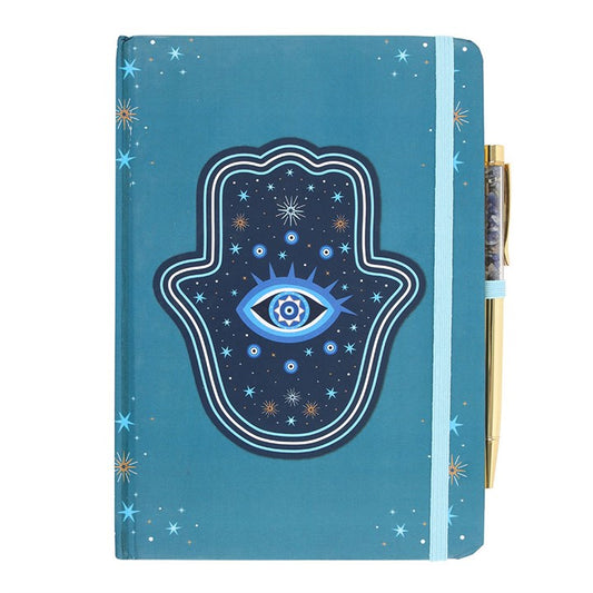 Hand of Hamsa A5 Notebook with Crystal Chip Pen – Turquoise Journal & Mystical Writing Set-Sociodigi