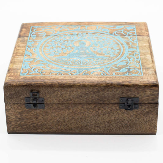 Extra Large Mango Box featuring intricate Buddha and Bodhi Tree design, perfect for storing tarot cards and crystals.