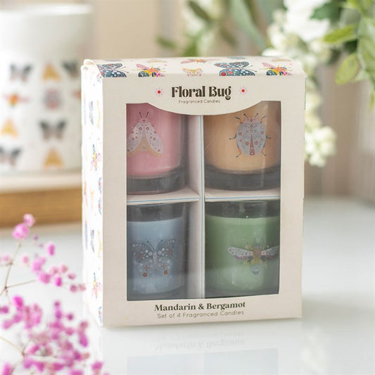 Set of 4 Floral Bug Mandarin & Bergamot Candles Spring Home Décor-Sociodigi