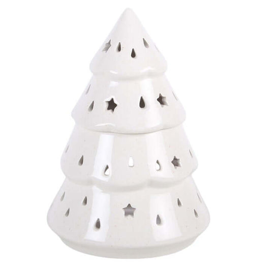 White ceramic Tree Oil Burner designed as a festive winter fir tree with star cut-outs for Christmas displays.