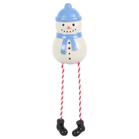 Winter Snowman Shelf Sitter Ornament with dangling legs, perfect for festive mantelpiece display.