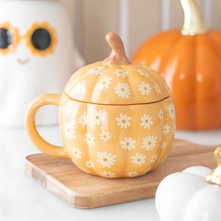 Groovy Floral Pumpkin Lidded Mug Autumn & Halloween Drinkware-Sociodigi