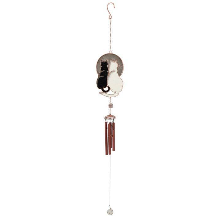 Gazing Cats Windchime featuring black and white cat pair gazing at the moon, perfect for cat lovers and garden decor.