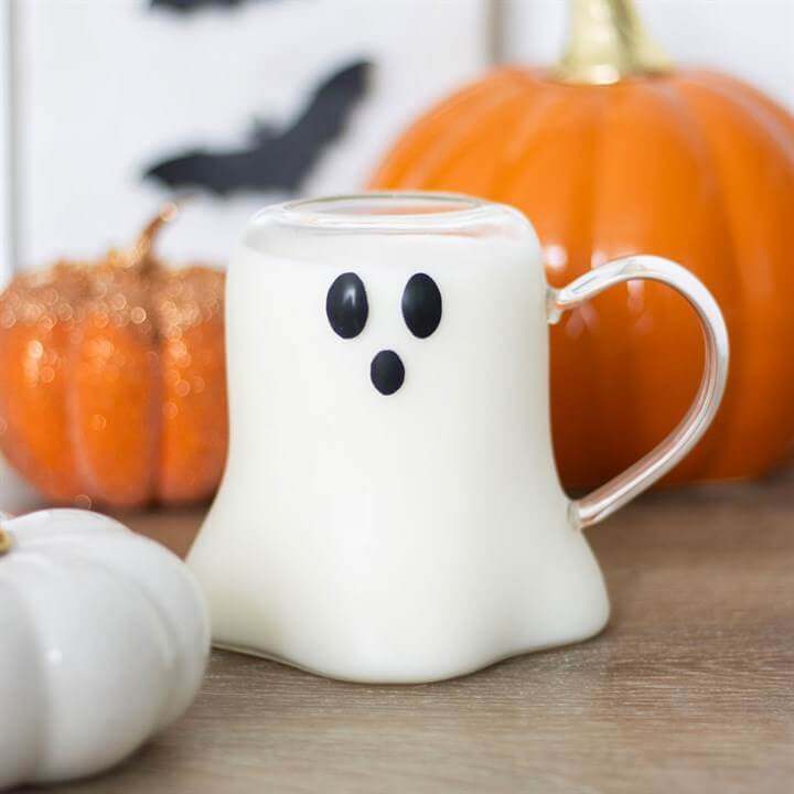 Ghost Glass Mug with cute ghost design, perfect for Halloween drinks and spooky celebrations.
