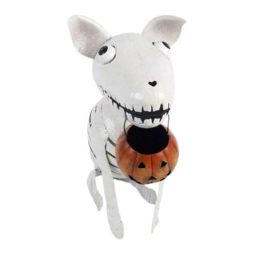Metal skeleton dog ornament with a pumpkin bucket for Halloween decoration.