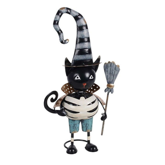 Mischievous metal black cat ornament with witch hat and broomstick for Halloween decoration.