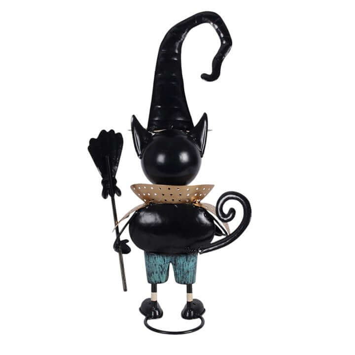 Metal black cat ornament with witch hat and broomstick, perfect for Halloween decor.