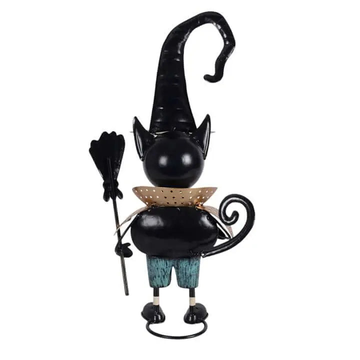 Metal black cat ornament with witch hat and broomstick, perfect for Halloween decor.