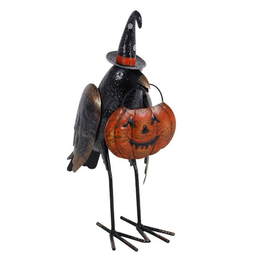 Metal Glitter Raven Ornament with Pumpkin, featuring a witch hat, perfect for Halloween decor.