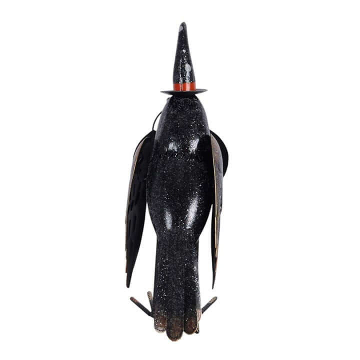 Metal Glitter Raven Ornament with a witch hat, perfect for Halloween displays and seasonal decor.