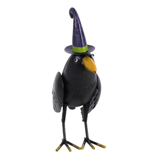 Metal raven ornament with a witch hat, perfect for Halloween decorations and gothic decor.