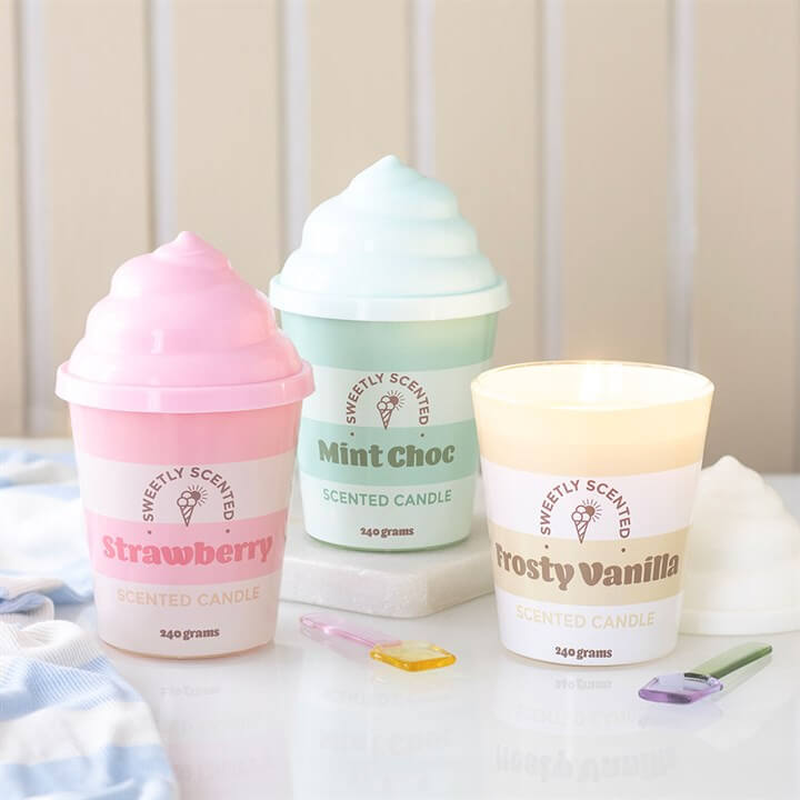 Ice Cream Scented Candle collection featuring Frosty Vanilla, Mint Choc, and Strawberry candles in colorful tubs.