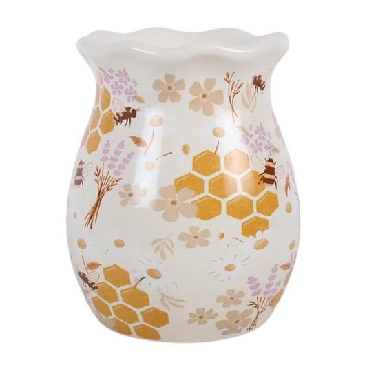 Honey Bee Print Fluted Oil Burner and Wax Warmer with floral designs and honeycomb patterns.