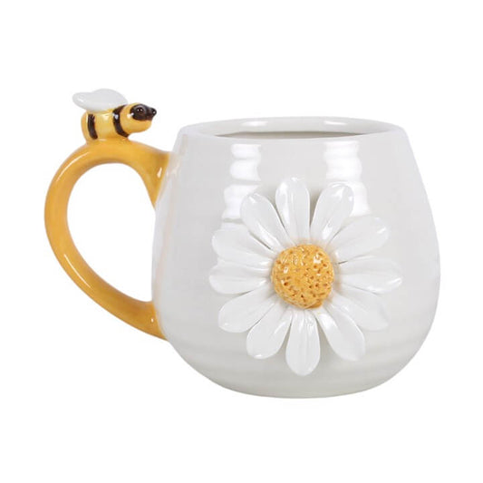 3D Daisy and Honey Bee Mug with raised bee and daisy details, perfect for floral kitchenware lovers.