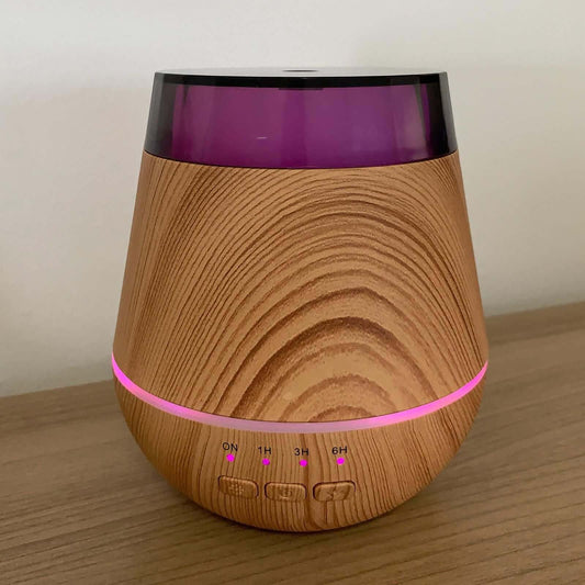 Helsinki Atomiser with color-changing LED light, USB powered, and timer settings for aromatherapy.