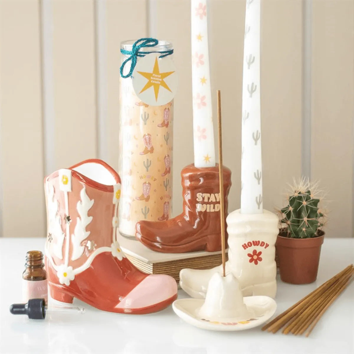 Colorful cowboy boot incense stick holders and accessories, featuring the Howdy Cowboy Hat Incense Stick Holder.