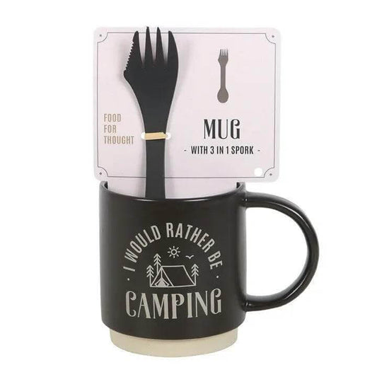 I Would Rather Be Camping Mug with 3-in-1 Spork – 500ml Ceramic Outdoor Mug displayed with spork.