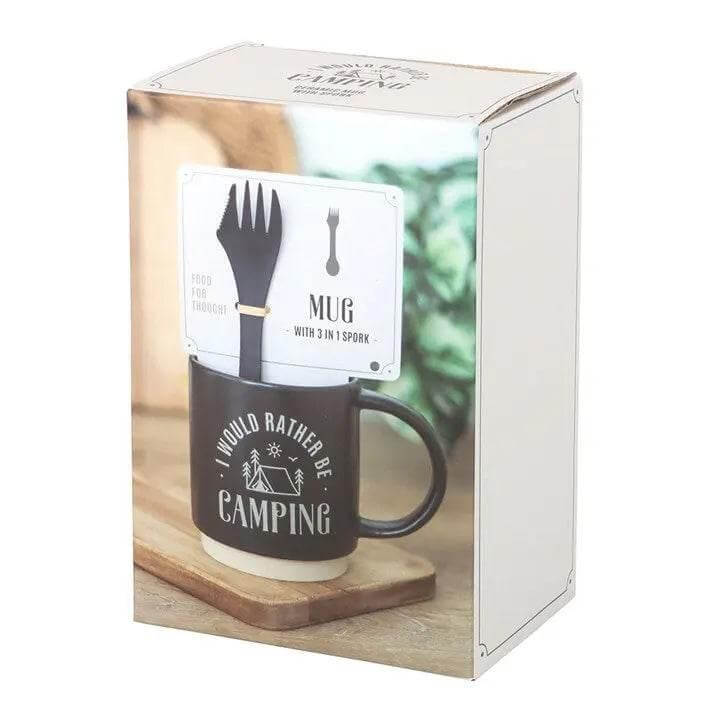 I Would Rather Be Camping Mug with 3-in-1 Spork – 500ml Ceramic Outdoor Mug in box with spork.