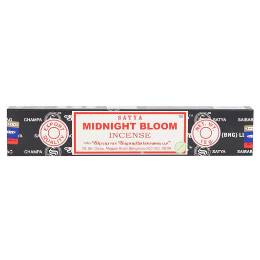 Set of 12 Midnight Bloom Incense Sticks by Satya, featuring vegan friendly ingredients and handmade quality.
