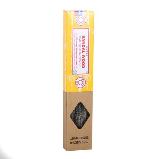 Box of Sandalwood incense sticks with a yellow label on a white background