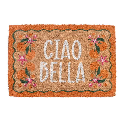 Ciao Bella Doormat featuring vibrant orange borders and citrus fruit design, perfect for welcoming guests with style.