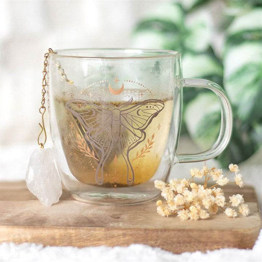 Luna Moth Glass Mug with Clear Quartz Tea Infuser Double Walled-Sociodigi