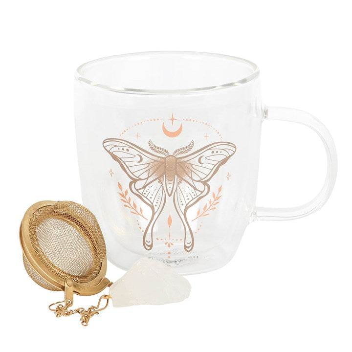 Luna Moth Glass Mug with Clear Quartz Tea Infuser Double Walled-Sociodigi