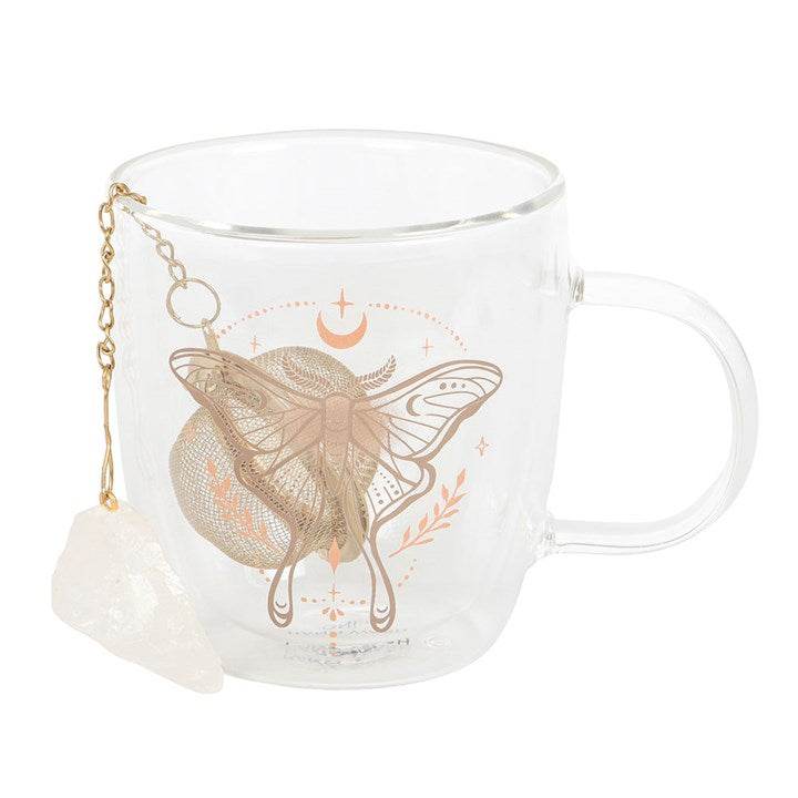 Luna Moth Glass Mug with Clear Quartz Tea Infuser Double Walled-Sociodigi
