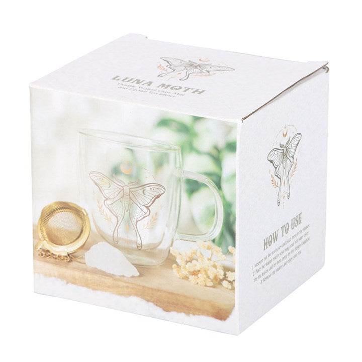 Luna Moth Glass Mug with Clear Quartz Tea Infuser Double Walled-Sociodigi