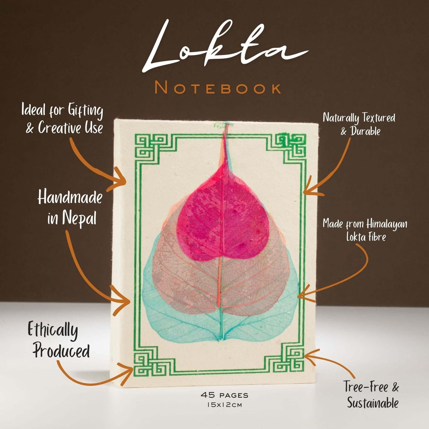 Lokta Bodhi Leaf Notebook – Medium (15x12cm) – 45 Leaves – Assorted