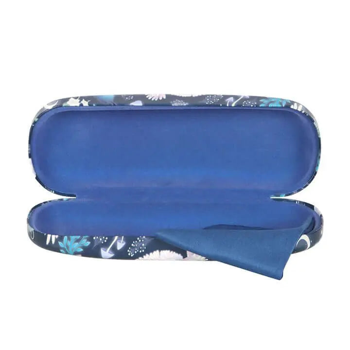 Blue floral-patterned glasses case on a white background
