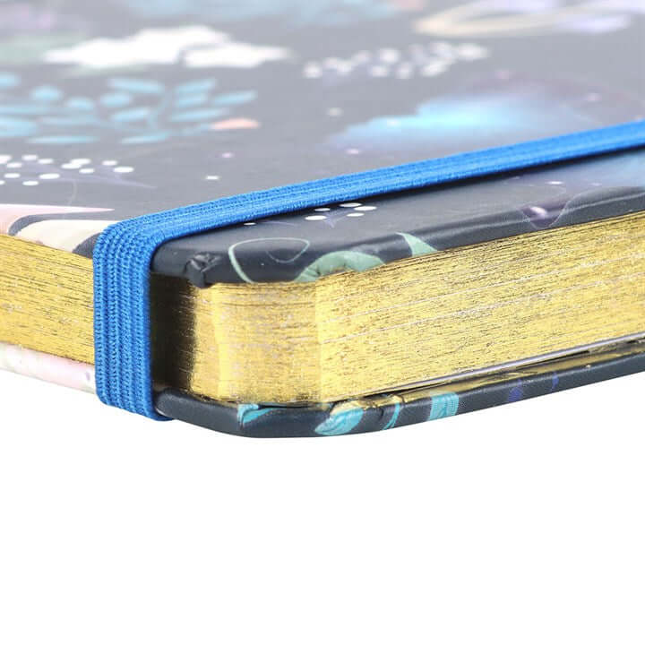 Close-up of a phone case with blue band and wooden texture